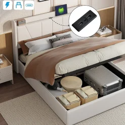 Fortuna lai Lit Double 140 X 200 Cm Avec Port USB Et Compartiment De Rangement, Avec Tête De Lit, Beige