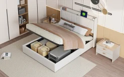 Fortuna lai Lit Double 140 X 200 Cm Avec Port USB Et Compartiment De Rangement, Avec Tête De Lit, Beige