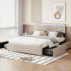 Simple Life Lit Double 140 X 200 Cm, Rembourré Avec 4 Tiroirs Et LED, Sommier à Lattes, Lin Beige Hot