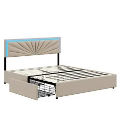 Simple Life Lit Double 140 X 200 Cm, Rembourré Avec 4 Tiroirs Et LED, Sommier à Lattes, Lin Beige Hot