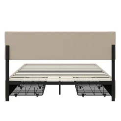 Simple Life Lit Double 140 X 200 Cm, Rembourré Avec 4 Tiroirs Et LED, Sommier à Lattes, Lin Beige Hot