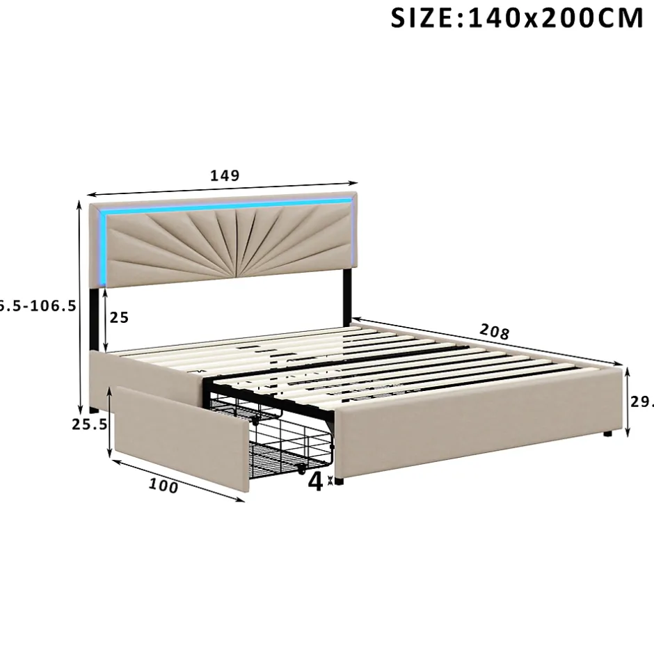 Simple Life Lit Double 140 X 200 Cm, Rembourré Avec 4 Tiroirs Et LED, Sommier à Lattes, Lin Beige Hot