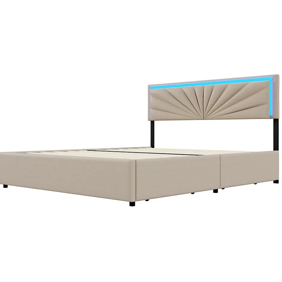 Simple Life Lit Double 160 X 200 Cm, Rembourré Avec 4 Tiroirs Et LED, Sommier à Lattes, Lin Beige Outlet