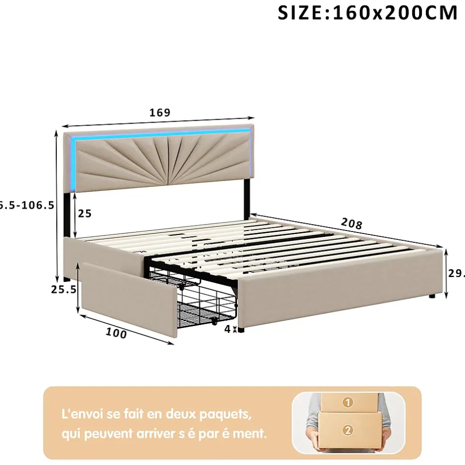 Simple Life Lit Double 160 X 200 Cm, Rembourré Avec 4 Tiroirs Et LED, Sommier à Lattes, Lin Beige Outlet