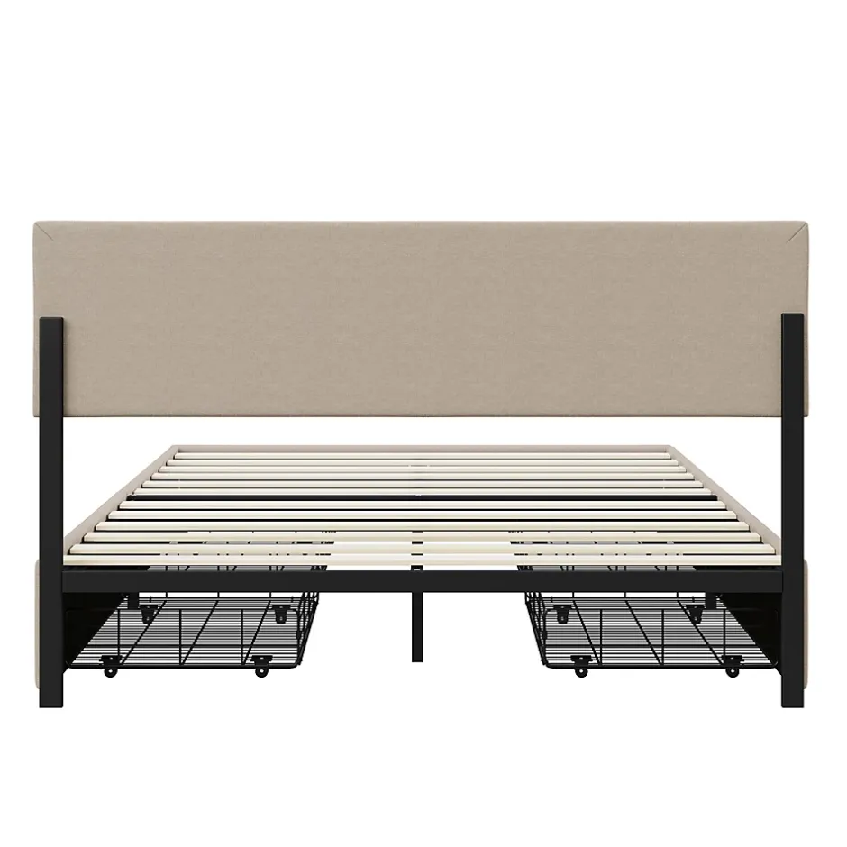 Simple Life Lit Double 160 X 200 Cm, Rembourré Avec 4 Tiroirs Et LED, Sommier à Lattes, Lin Beige Outlet