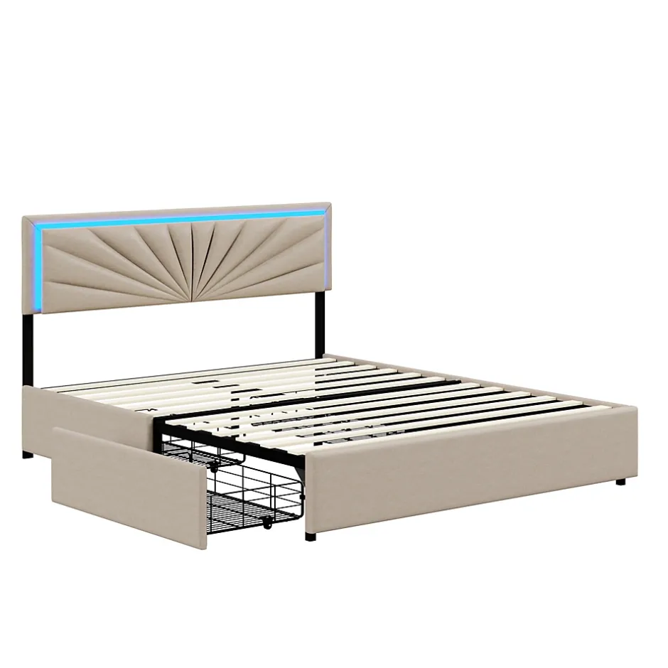 Simple Life Lit Double 160 X 200 Cm, Rembourré Avec 4 Tiroirs Et LED, Sommier à Lattes, Lin Beige Outlet
