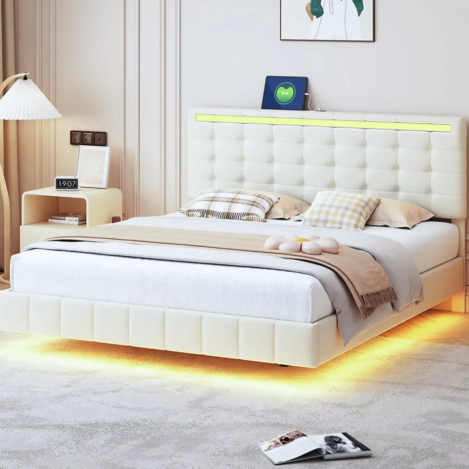 Simple Life Lit double 160 x 200 cm, sommier tapissier flottant, avec LED, lin, beige