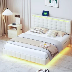 Simple Life Lit double 160 x 200 cm, sommier tapissier flottant, avec LED, lin, beige