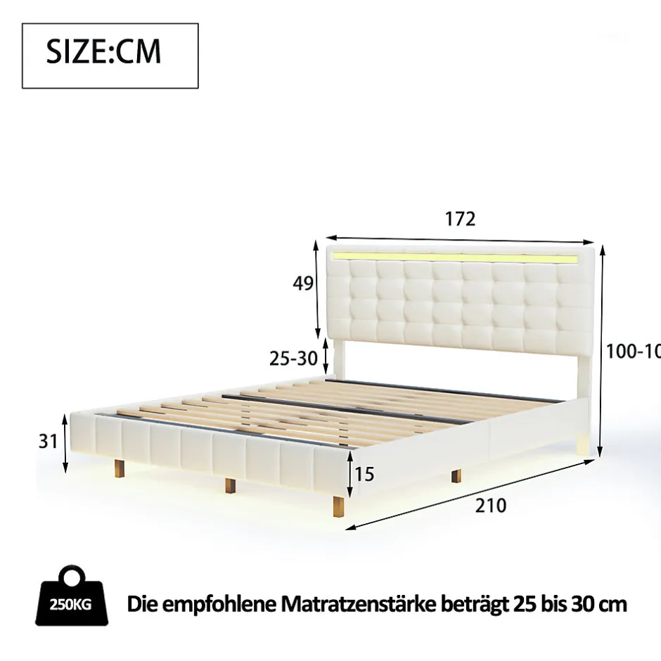 Simple Life Lit double 160 x 200 cm, sommier tapissier flottant, avec LED, lin, beige