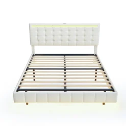Simple Life Lit double 160 x 200 cm, sommier tapissier flottant, avec LED, lin, beige
