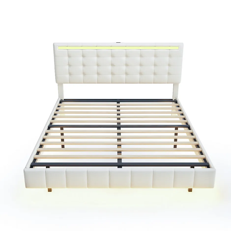 Simple Life Lit double 160 x 200 cm, sommier tapissier flottant, avec LED, lin, beige