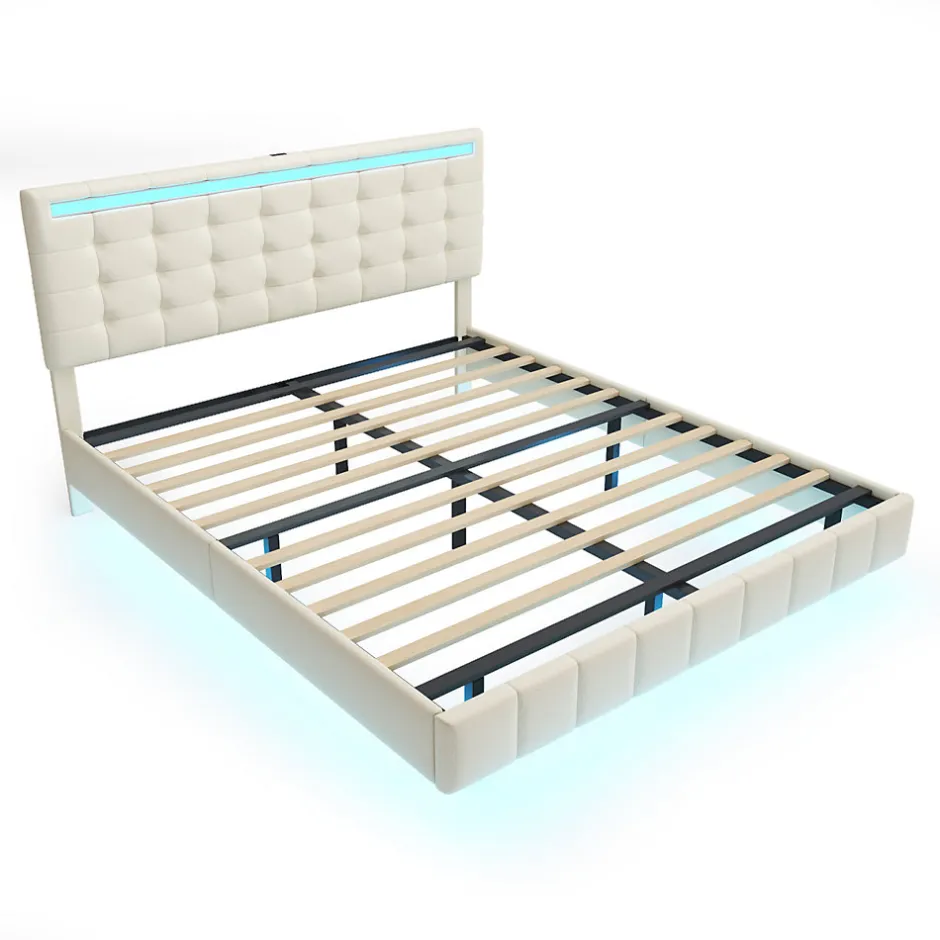Simple Life Lit double 160 x 200 cm, sommier tapissier flottant, avec LED, lin, beige