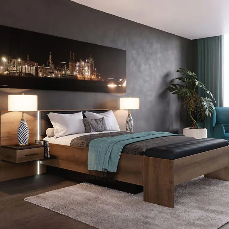 Meubletmoi Lit double 160 x 200 décor chêne foncé et noir avec LED - RIVIERA Online