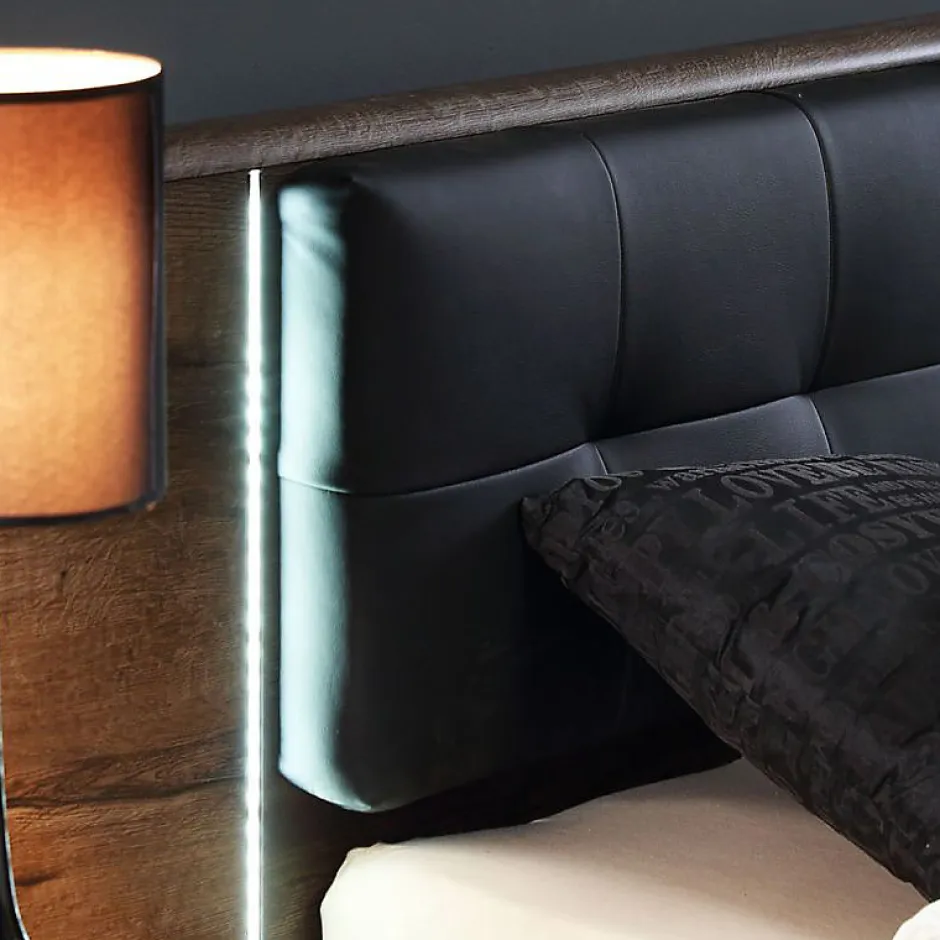 Meubletmoi Lit double 160 x 200 décor chêne foncé et noir avec LED - RIVIERA Online
