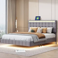 Generique Lit double 140 x 200cm avec sommier à lattes, Lit 140 x 200cm avec éclairage LED et USB, cadre de lit en lin, Gris Online