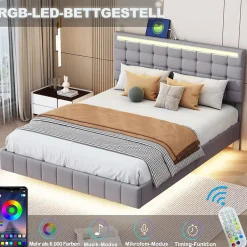 Generique Lit double 140 x 200cm avec sommier à lattes, Lit 140 x 200cm avec éclairage LED et USB, cadre de lit en lin, Gris Online