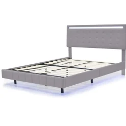Generique Lit double 140 x 200cm avec sommier à lattes, Lit 140 x 200cm avec éclairage LED et USB, cadre de lit en lin, Gris Online