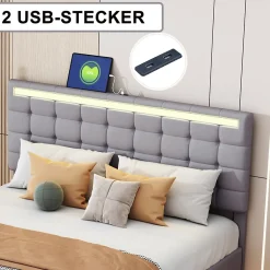 ProximaX Lit double 160 x 200cm avec sommier à lattes, Lit 160 x 200cm avec éclairage LED et USB, cadre de lit en lin, Gris Best