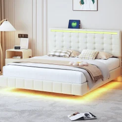 Generique Lit double 160 x 200cm avec sommier à lattes, Lit 160 x 200cm avec éclairage LED et USB, cadre de lit en lin, Beige