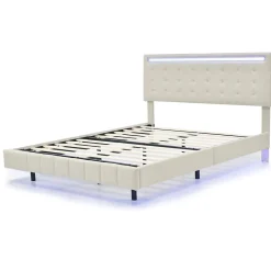 Generique Lit double 160 x 200cm avec sommier à lattes, Lit 160 x 200cm avec éclairage LED et USB, cadre de lit en lin, Beige