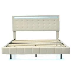 Generique Lit double 160 x 200cm avec sommier à lattes, Lit 160 x 200cm avec éclairage LED et USB, cadre de lit en lin, Beige