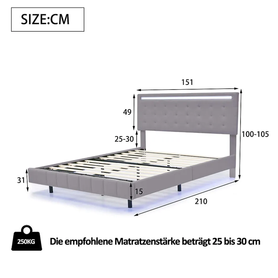 ProximaX Lit double 140 x 200cm avec sommier à lattes, Lit 140 x 200cm avec éclairage LED et USB, cadre de lit en lin, Gris Discount