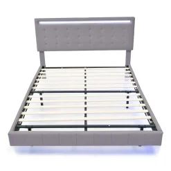 ProximaX Lit double 140 x 200cm avec sommier à lattes, Lit 140 x 200cm avec éclairage LED et USB, cadre de lit en lin, Gris Discount