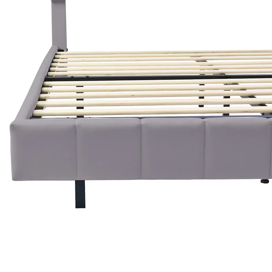 ProximaX Lit double 140 x 200cm avec sommier à lattes, Lit 140 x 200cm avec éclairage LED et USB, cadre de lit en lin, Gris Discount