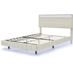 ProximaX Lit double 140 x 200cm avec sommier à lattes, Lit 140 x 200cm avec éclairage LED et USB, cadre de lit en lin, Beige Sale