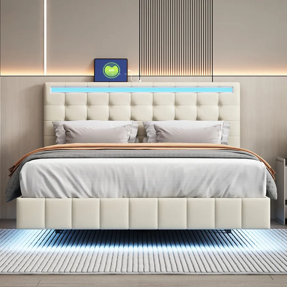 ProximaX Lit double 160 x 200cm avec sommier à lattes, Lit 160 x 200cm avec éclairage LED et USB, cadre de lit en lin, Beige