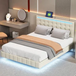 ProximaX Lit double 160 x 200cm avec sommier à lattes, Lit 160 x 200cm avec éclairage LED et USB, cadre de lit en lin, Beige