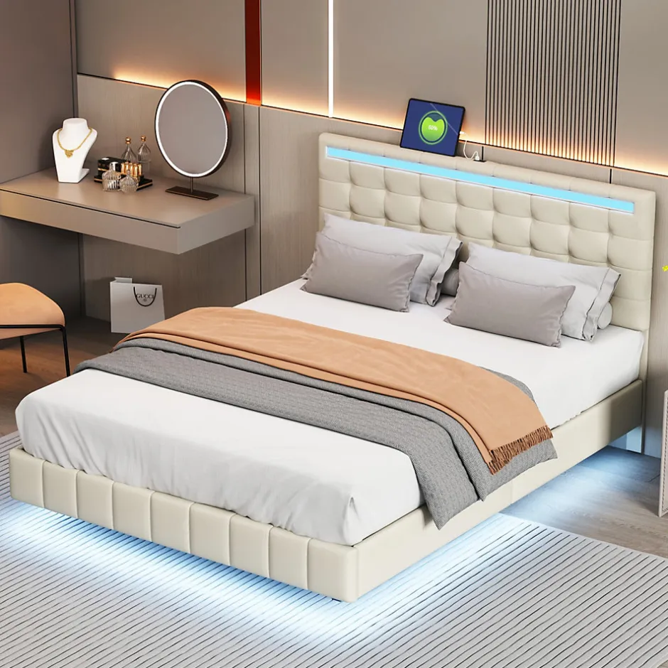 ProximaX Lit double 160 x 200cm avec sommier à lattes, Lit 160 x 200cm avec éclairage LED et USB, cadre de lit en lin, Beige