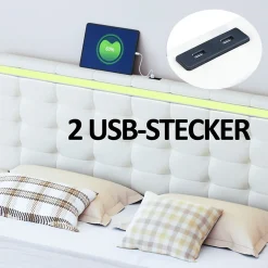 ProximaX Lit double 160 x 200cm avec sommier à lattes, Lit 160 x 200cm avec éclairage LED et USB, cadre de lit en lin, Beige