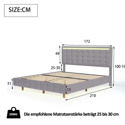 Generique Lit double 160 x 200cm avec sommier à lattes, Lit 160 x 200cm avec éclairage LED et USB, cadre de lit en lin, Gris