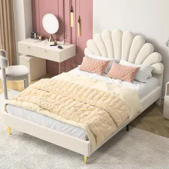 ProximaX Lit double 140 x 200,lit 140 x 200,lit rembourré,lit adulte avec tête de lit en forme de fleur,beige Online