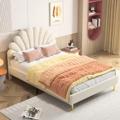 ProximaX Lit double 140 x 200,lit 140 x 200,lit rembourré,lit adulte avec tête de lit en forme de fleur,beige Online