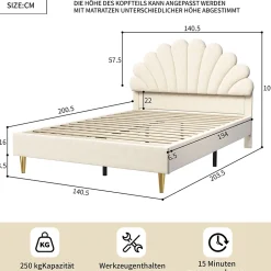 ProximaX Lit double 140 x 200,lit 140 x 200,lit rembourré,lit adulte avec tête de lit en forme de fleur,beige Online