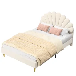 Generique Lit double 140 x 200,lit 140 x 200,lit rembourré,lit adulte avec tête de lit en forme de fleur,beige Hot