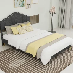 Okwish Lit Double Ado 140x200 cm - Lit Bas Capitonné, Sans Vérin et Sans Matelas, Moderne et Confortable, Tissu Gris Sale