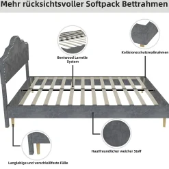 Okwish Lit Double Ado 140x200 cm - Lit Capitonné Bas Moderne et Confortable, Sans Vérin, Sans Matelas, Tissu Gris