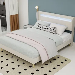 Okwish Lit Double Ado 140x200 cm - Tête de Lit Éclairage LED Doux, Structure Composite Stable en Tissu et Métal, sans Matelas, Beige