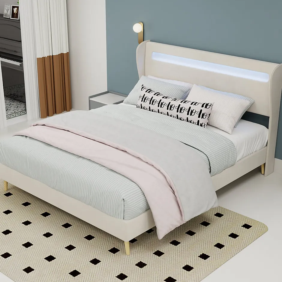 Okwish Lit Double Ado 140x200 cm - Tête de Lit Éclairage LED Doux, Structure Composite Stable en Tissu et Métal, sans Matelas, Beige