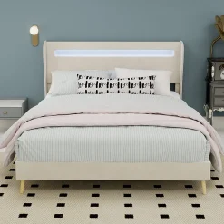 Okwish Lit Double Ado 140x200 cm - Tête de Lit Éclairage LED Doux, Structure Composite Stable en Tissu et Métal, sans Matelas, Beige