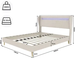 Okwish Lit Double Ado 140x200 cm - Tête de Lit Éclairage LED Doux, Structure Composite Stable en Tissu et Métal, sans Matelas, Beige