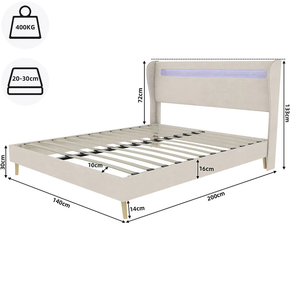 Okwish Lit Double Ado 140x200 cm - Tête de Lit Éclairage LED Doux, Structure Composite Stable en Tissu et Métal, sans Matelas, Beige