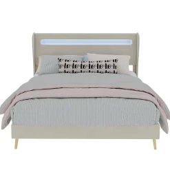Okwish Lit Double Ado 140x200 cm - Tête de Lit Éclairage LED Doux, Structure Composite Stable en Tissu et Métal, sans Matelas, Beige