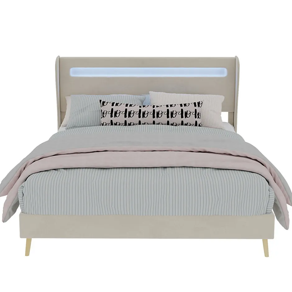 Okwish Lit Double Ado 140x200 cm - Tête de Lit Éclairage LED Doux, Structure Composite Stable en Tissu et Métal, sans Matelas, Beige