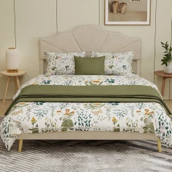 Okwish Lit Double Adulte 160x200 cm - Lit Bas Capitonné Moderne et Confortable, Sans Vérin, Sans Matelas, Tissu Beige