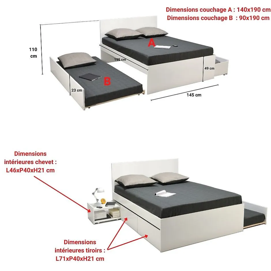 Weber Industries Lit double ALPHA 140x190 + 2 tiroirs + tiroir lit 90x190 avec sommier + chevet / Blanc