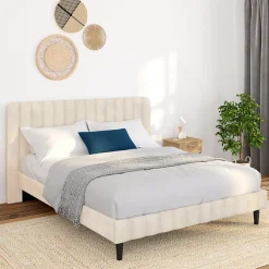 IDMarket Lit double ANNIE avec tête de lit et sommier 140 x 190 cm velours beige